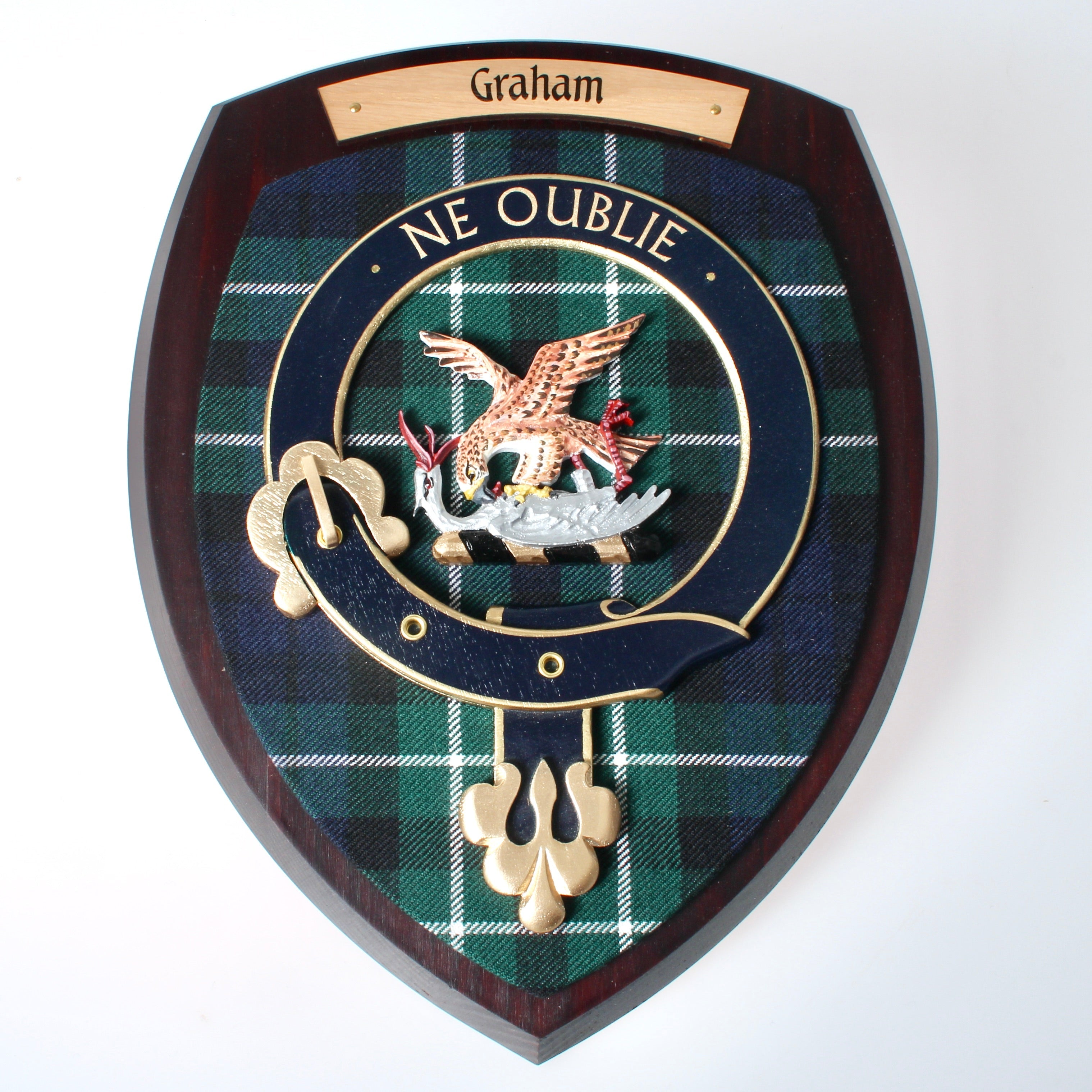 Graham Clan Crest Wall Plaque, handmade in Glasgow, Scotland, featuring a hardwood shield and traditional tartan design, perfect for gifting or home decor.