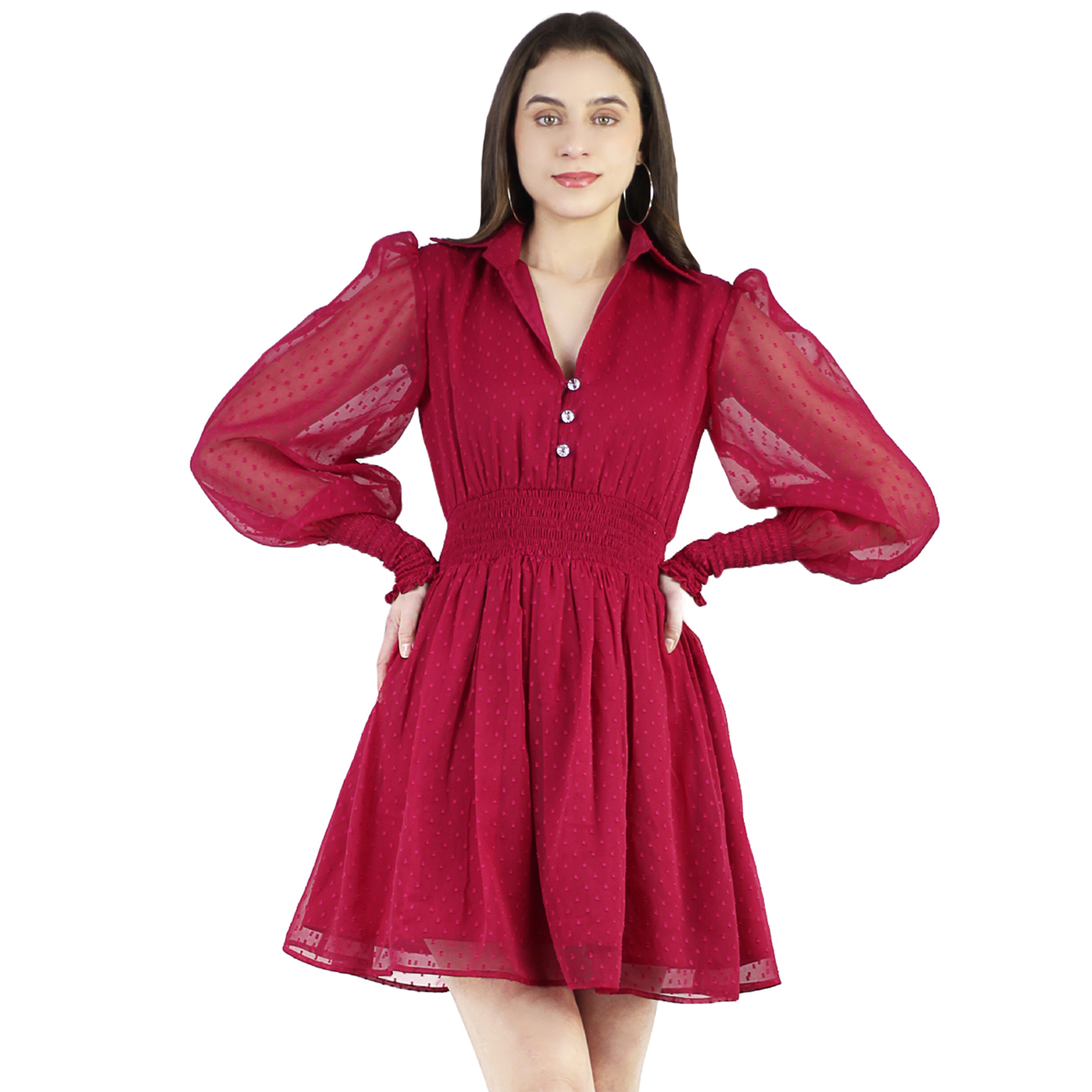 Artyska Women's Collared Puffed Long Sleeve Swiss Dot Chiffon Short Dress