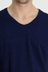 Orta Lacivert V Yaka Regular Fit Nak??l? Pamuklu Süprem Ti?ört-Ki??l?
