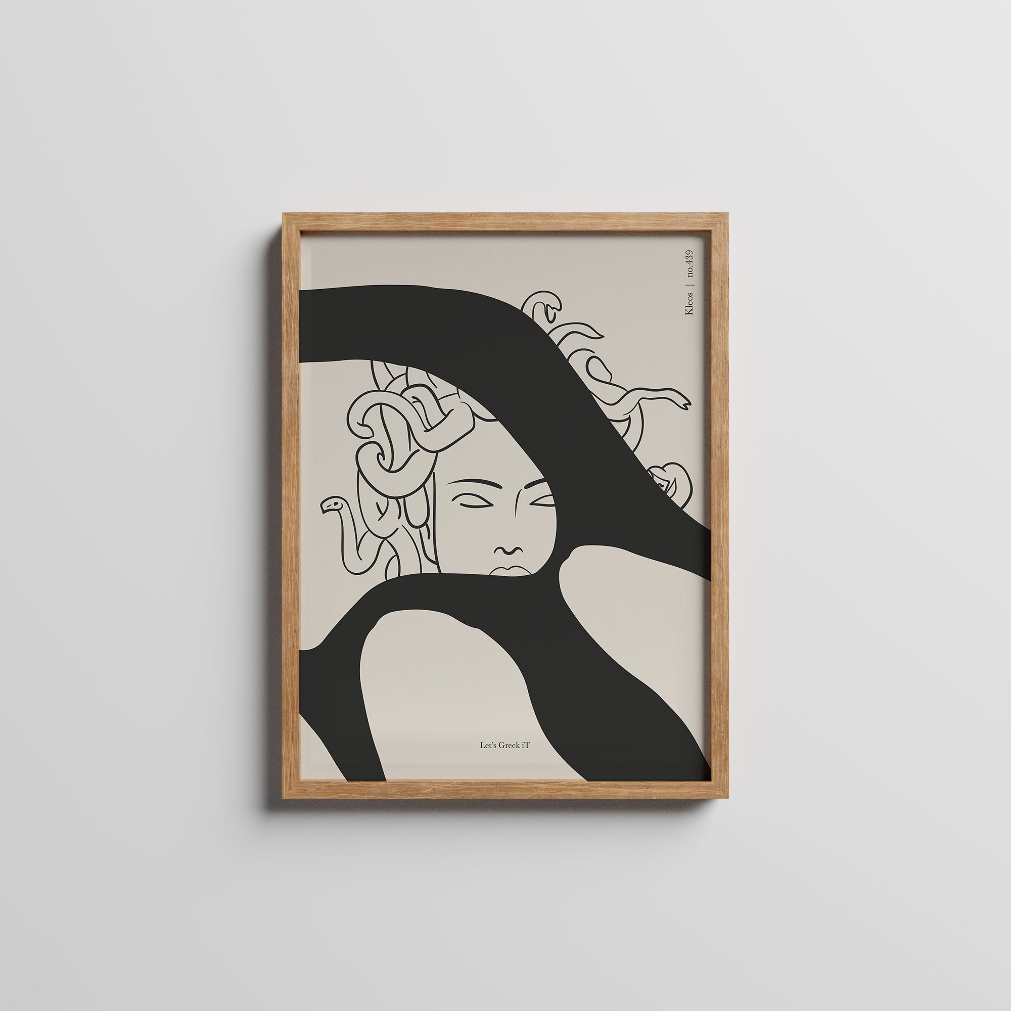 A framed art print featuring a stylized illustration of a female figure with a decorative hairdo, displayed in a simple wooden frame.