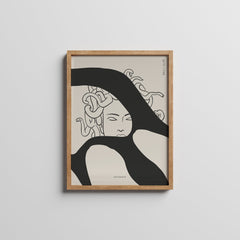 A framed art print featuring a stylized illustration of a female figure with a decorative hairdo, displayed in a simple wooden frame.