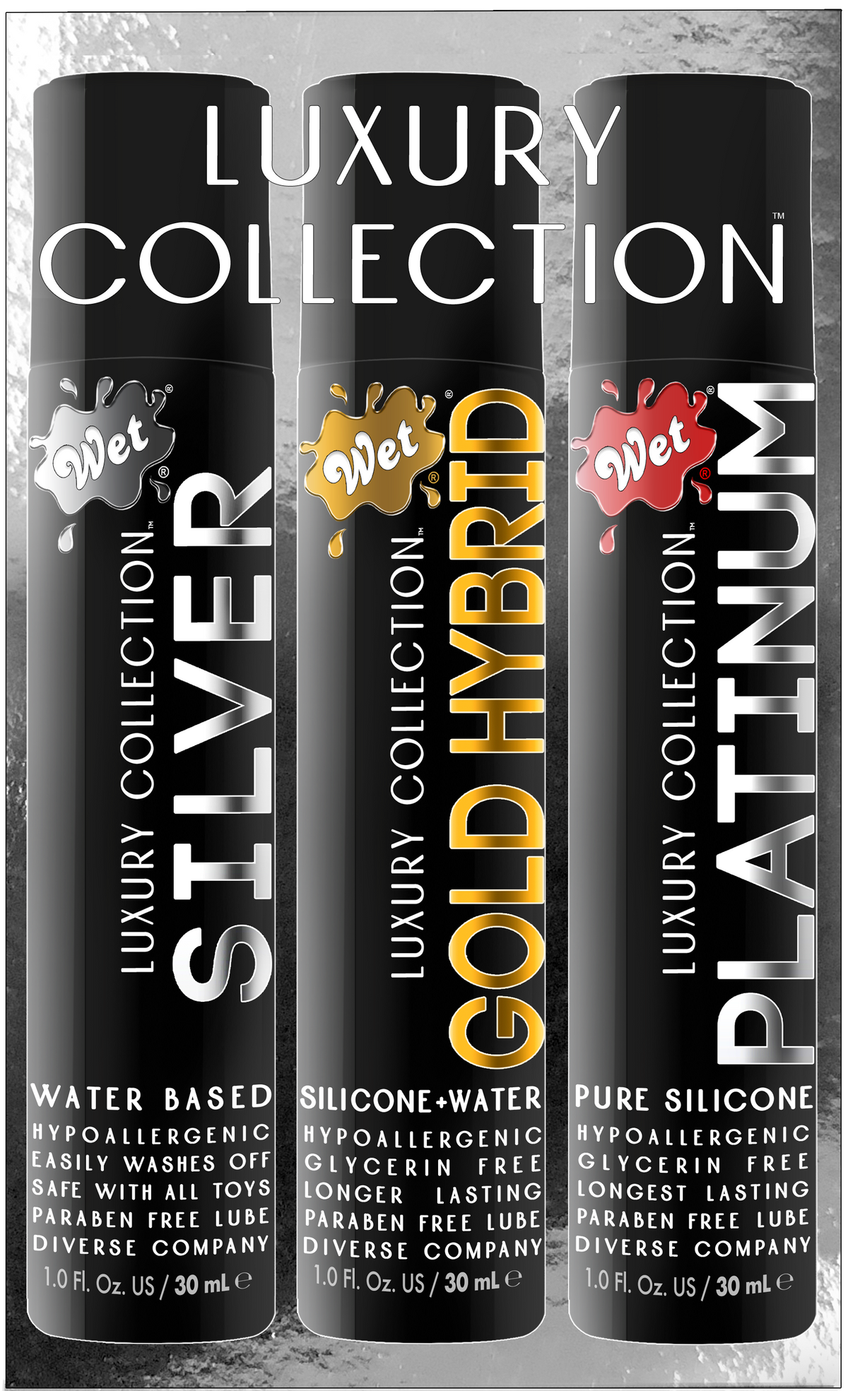 LUXURY 3 PACK (1OZ SILVER, GOLD, PLATINUM) 1 Fl. Oz./30mL – Rechargeable, Discreet, Intimate Wellness Accessory – Quiet, Rechargeable, Waterproof, Couples & Solo Use, Discreet Intimate Wellness Accessory