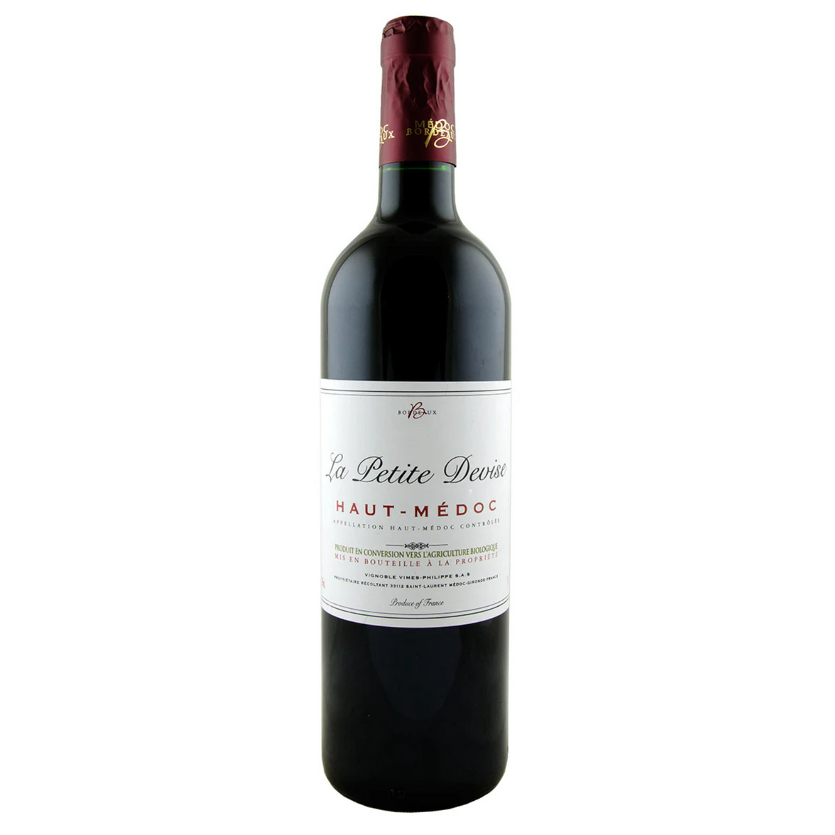 Red wine bottle with a visible label on a white background