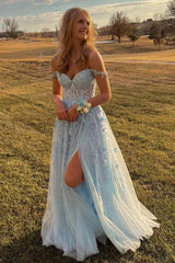 Light Blue A-line Tulle Off-the-Shoulder Prom Dresses With Appliques, MP816 | blue prom dresses | a line prom dress | lace prom dresses | musebridals.com