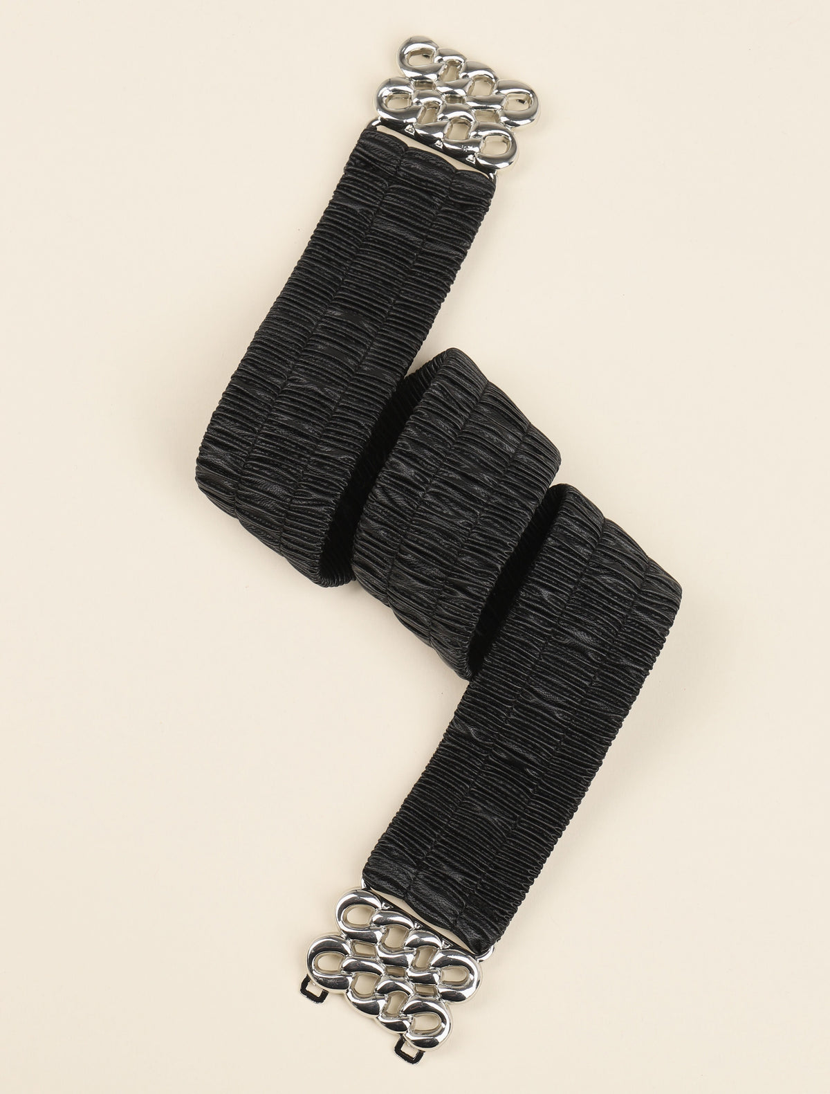 Ceinture plissée à boucle rectangulaire style maillon - Noir/argentée - 2