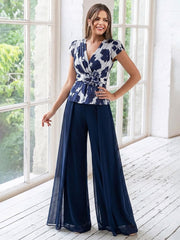 Ensemble Pantalon de Mère de la Mariée à Fleurs, Coupe A-Line/Princesse, Col en V, Manches Courtes, Longueur Au Sol, Motif Floral