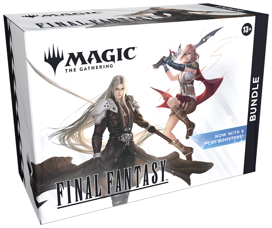 Angled image of the MTG Final Fantasy Bundle, featuring Lightning and Sephiroth on the front