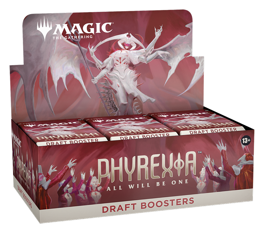 A display box of Phyrexia: All Will Be One Draft Boosters featuring white, ethereal Phyrexian figures on a deep red background. The box showcases multiple Draft Booster packs arranged in rows beneath the prominent "PHYREXIA ALL WILL BE ONE" title. The packaging displays the Magic: The Gathering logo at the top with stylized art of angelic yet monstrous Phyrexian creatures emerging from the red backdrop.