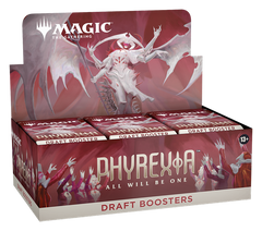 A display box of Phyrexia: All Will Be One Draft Boosters featuring white, ethereal Phyrexian figures on a deep red background. The box showcases multiple Draft Booster packs arranged in rows beneath the prominent "PHYREXIA ALL WILL BE ONE" title. The packaging displays the Magic: The Gathering logo at the top with stylized art of angelic yet monstrous Phyrexian creatures emerging from the red backdrop.