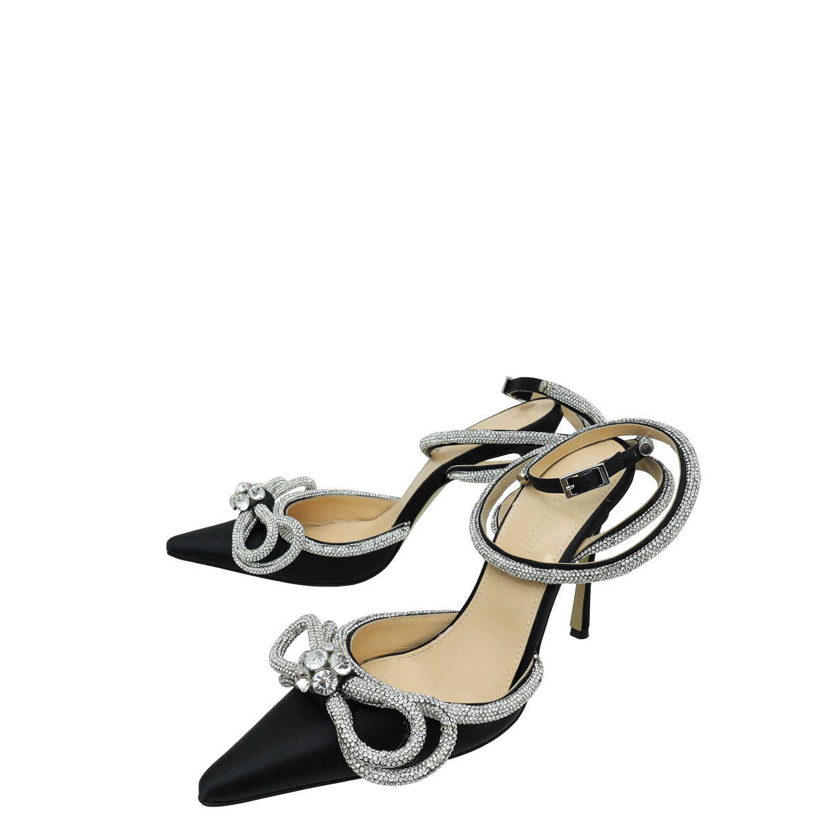Mach & Mach Black Satin Crystal Bow Ankle Strap Pumps 37.5-Mach & Mach-THE CLOSET