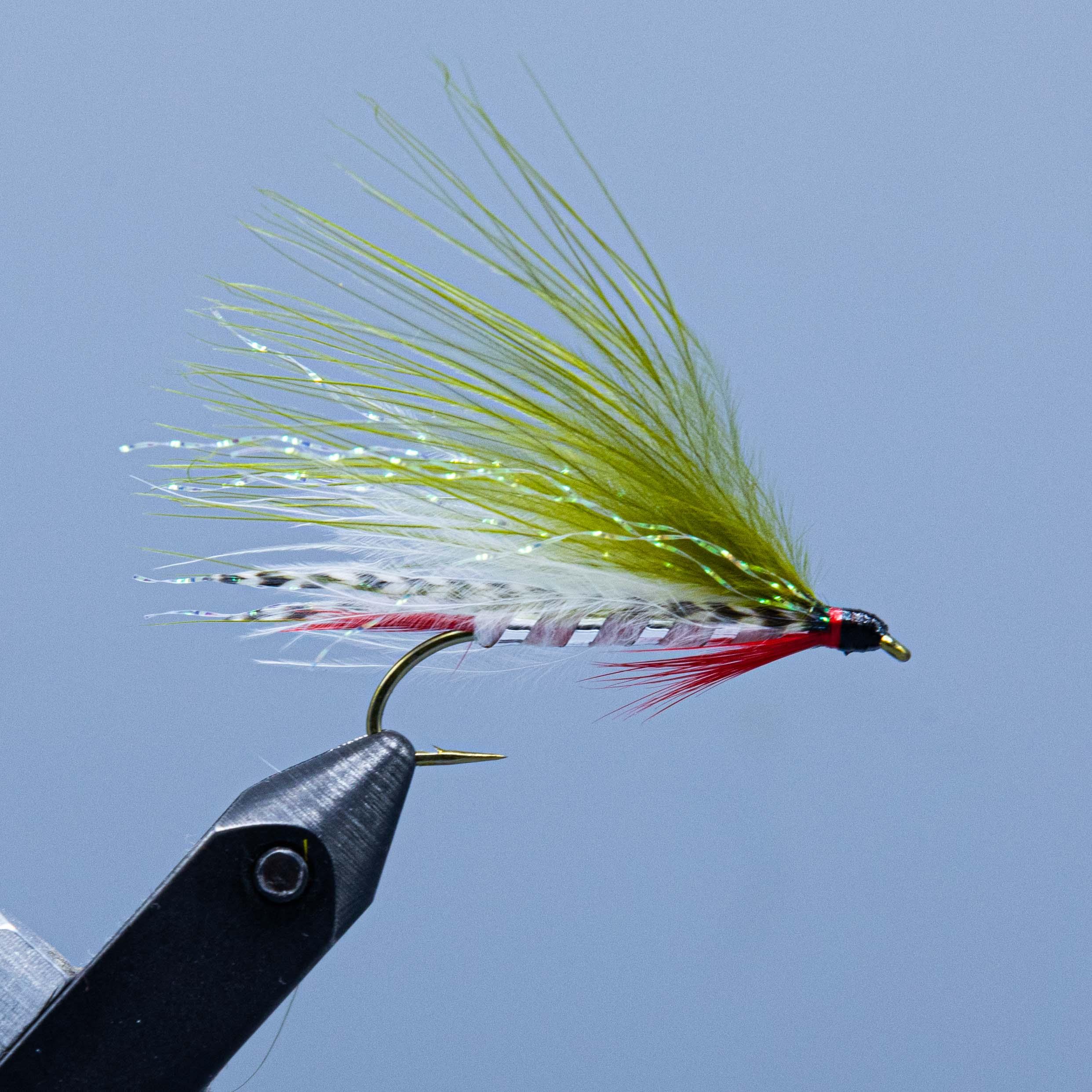 Multicolor streamer fly with green-yellow tail, red accents, and barbed hook