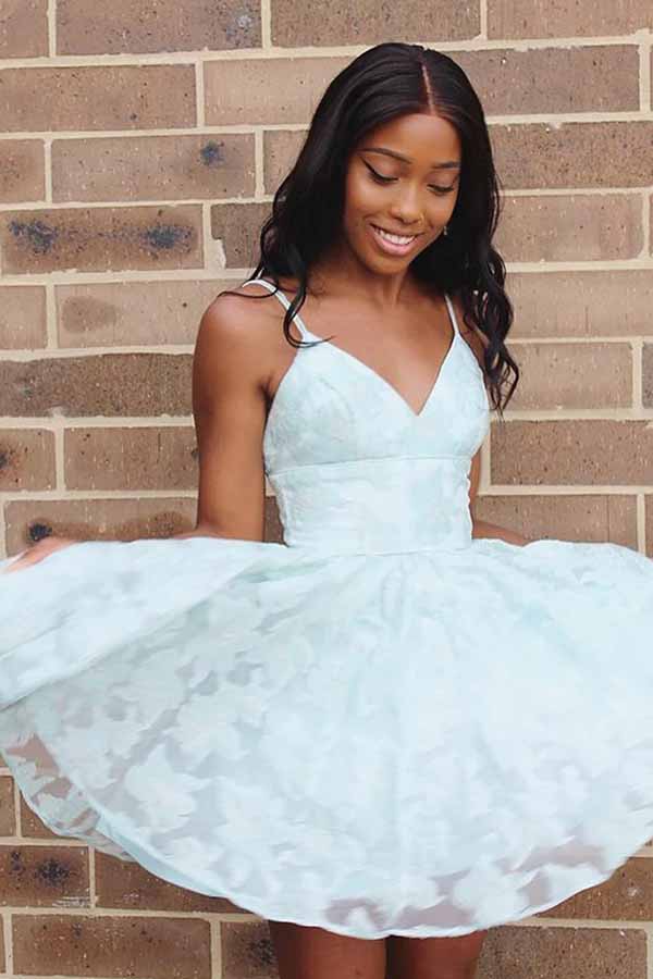 Mint Green A-line V-neck Backless Homecoming Dress With Lace Appliques, MH557 | short homecoming dresses | lace homecoming dresses | school event dress | musebridals.com