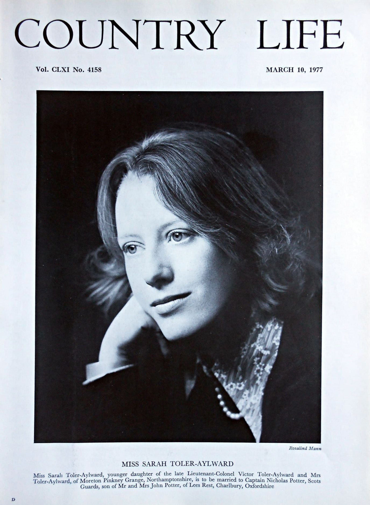 Miss Sarah Toler-Aylward Country Life Magazine Portrait March 10, 1977 Vol. CLXI No. 4158