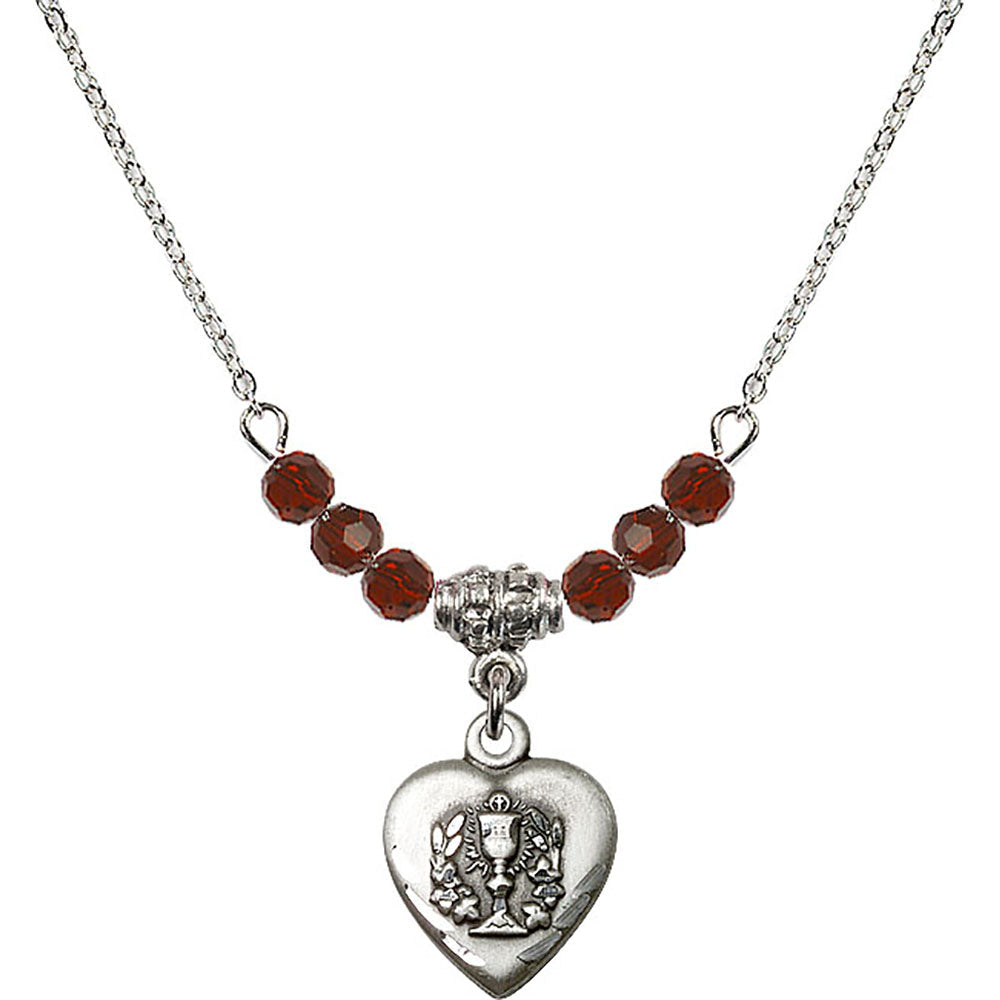 Sterling Silver Heart / Communion Birthstone Necklace with Garnet Beads - 0892