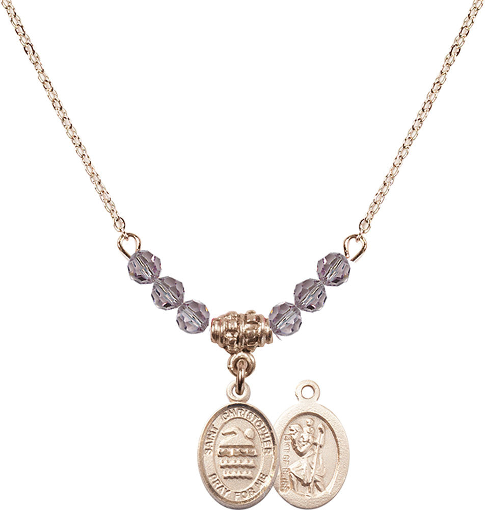 14kt Gold Filled Saint Christopher/Swimming Birthstone Necklace with Light Amethyst Beads - 9157