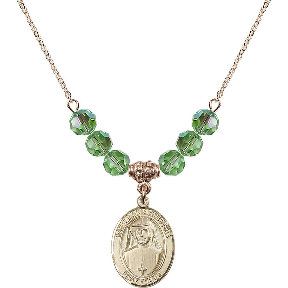14kt Gold Filled Saint Maria Faustina Birthstone Necklace with Peridot Beads - 8069