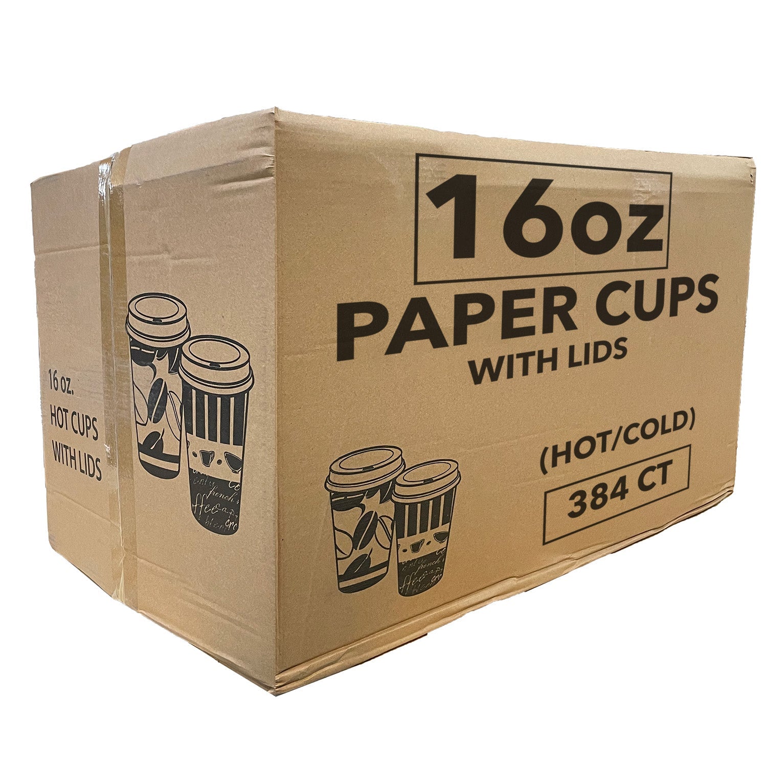 *WHOLESALE* 16oz Paper Cups Coffee Bean Pattern Hot/Cold w/Lid 384/Case Paper Cups VeZee