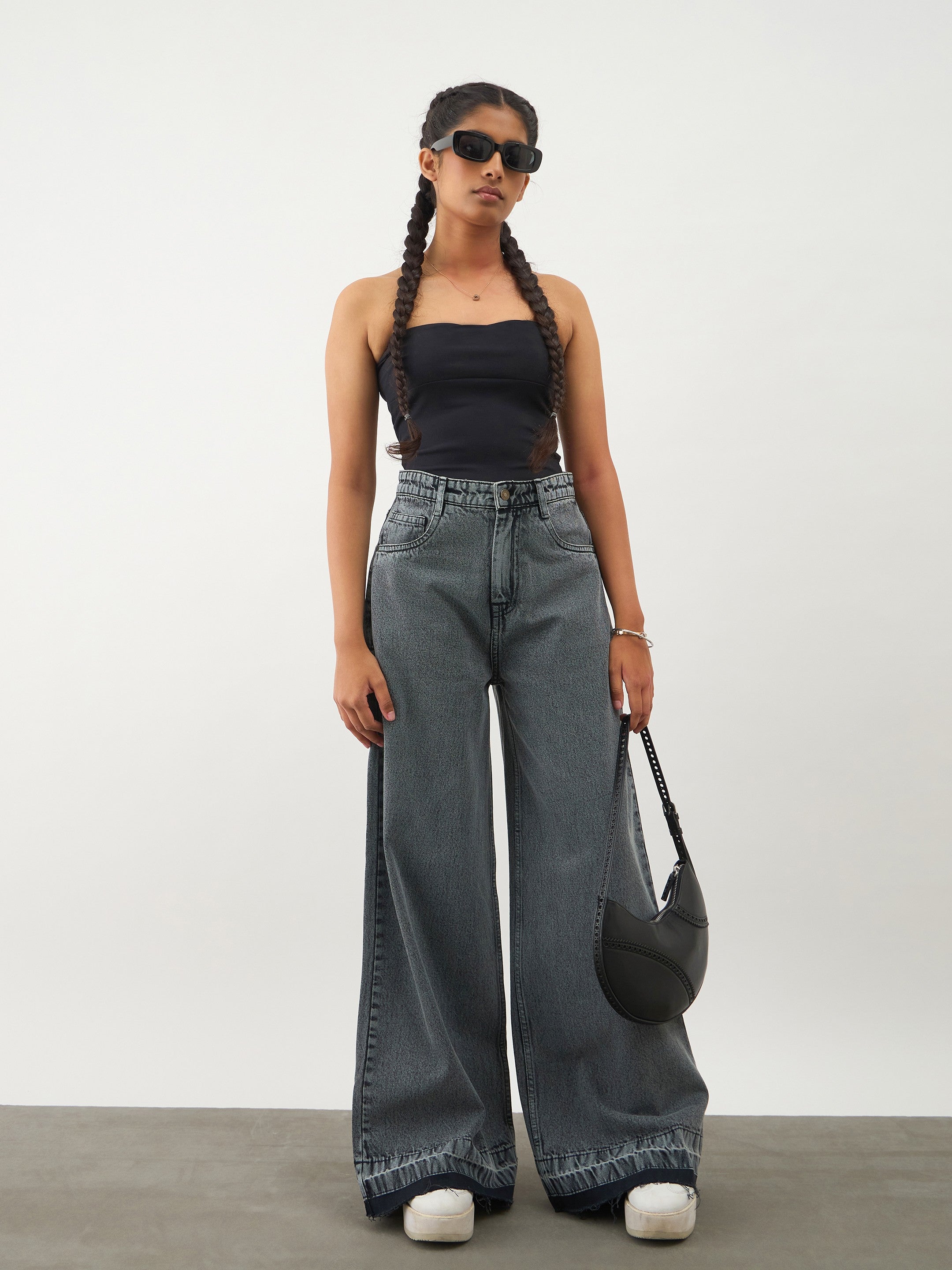 Black Blast Denim Wide Leg Frayed Jeans-Noh.Voh