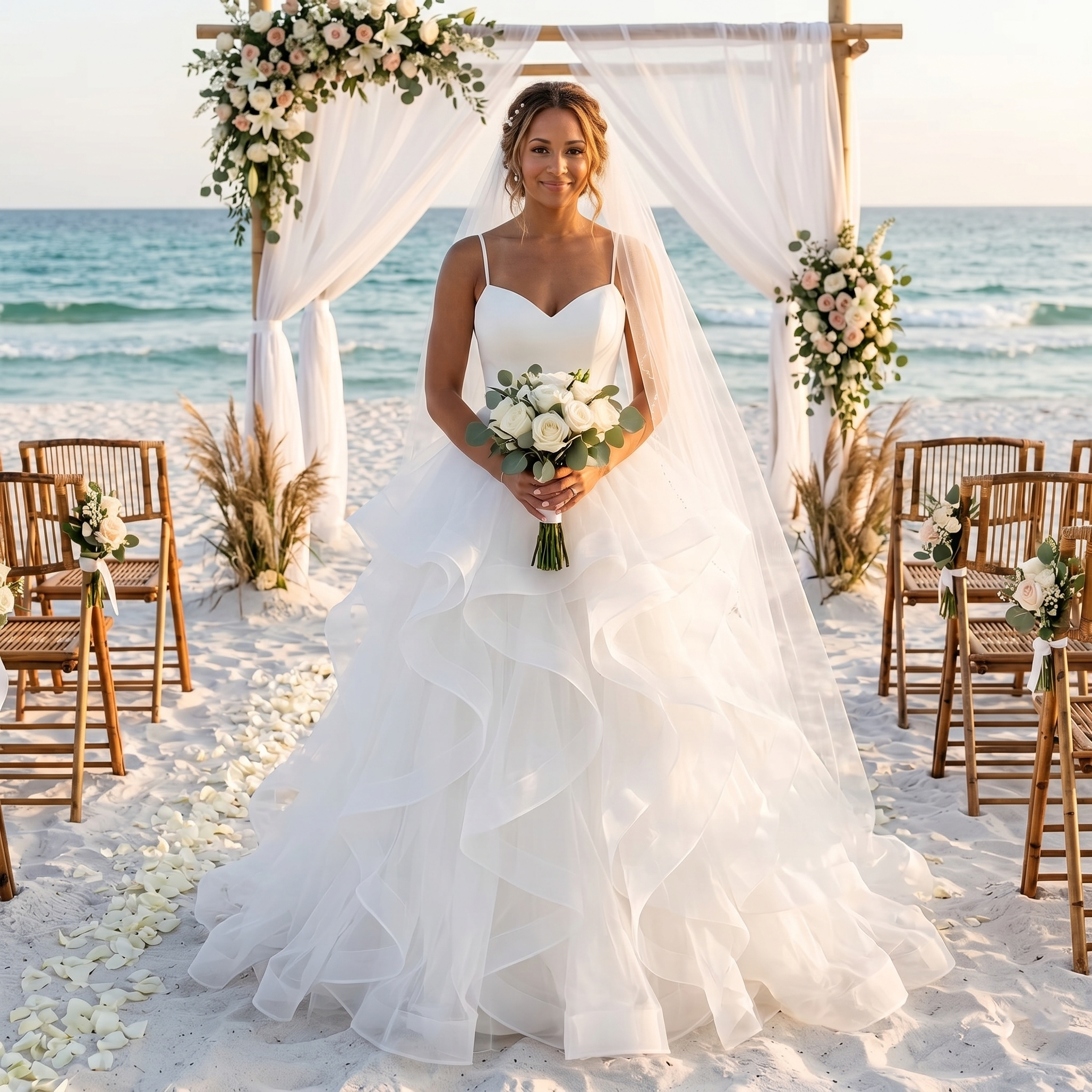 A bride standing on a sandy beach wearing a short front, long back white wedding dress with spaghetti straps and a V-neckline.
