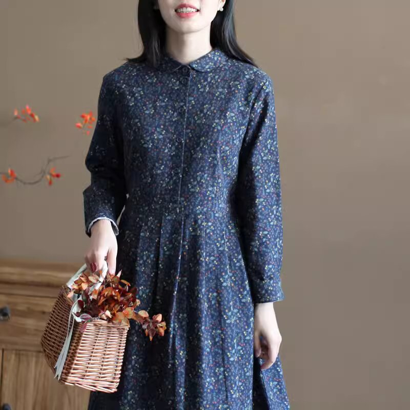 popular spring new retro printing doll collar Mori medium and long long-sleeved bottomed floral cotton and linen dress women