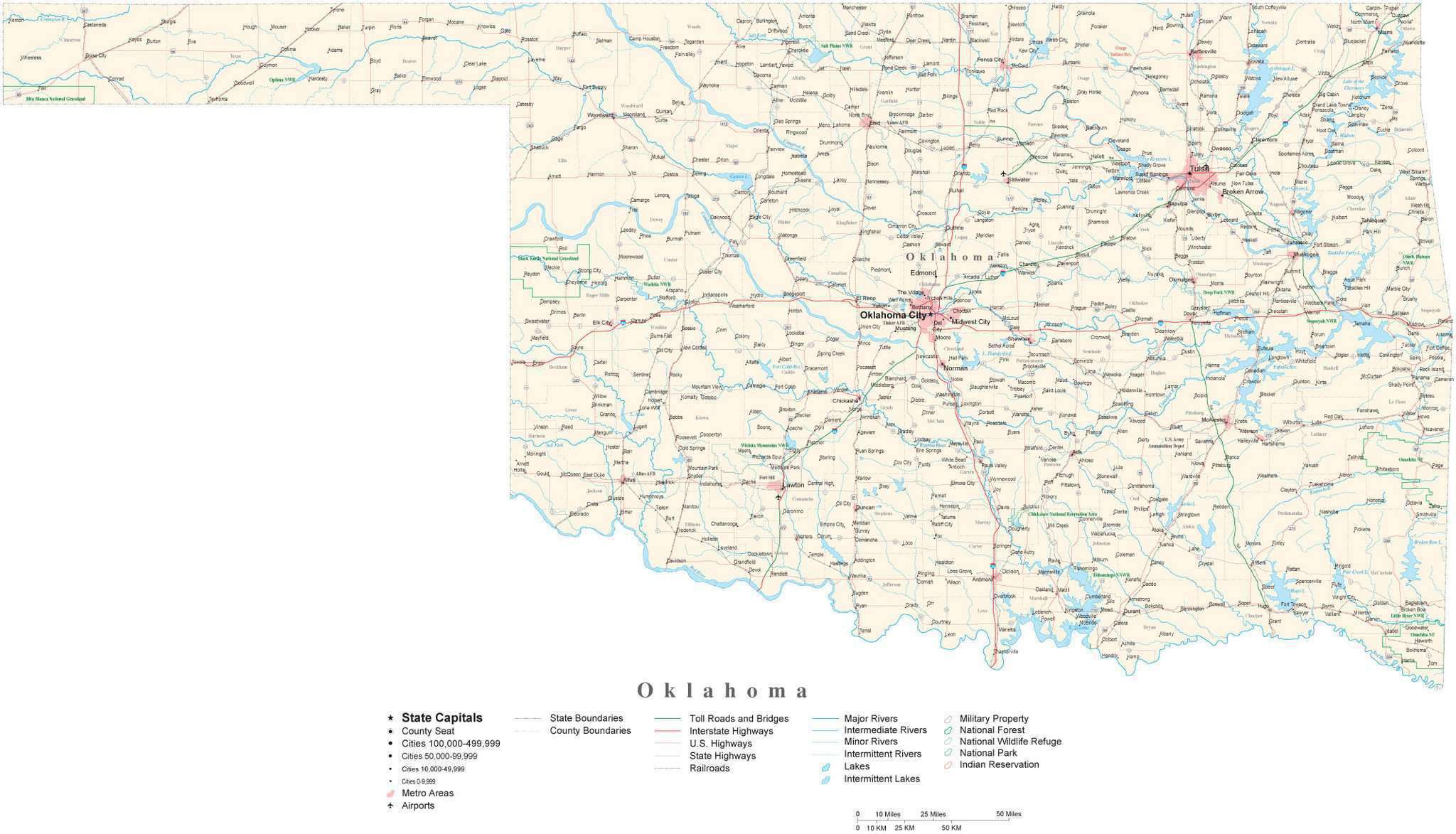 Detailed Oklahoma Cut-Out Style Digital Map with County Boundaries, Cities, Highways, and more
