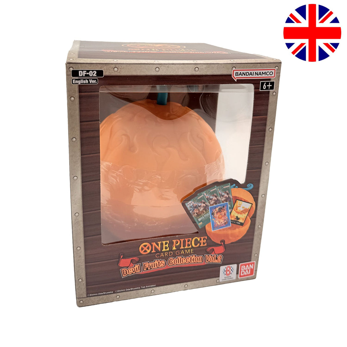 Die One Piece Card Game Devil Fruits Collection Vol.2 Flame Flame Fruit DF 02 von BANDAI mit der englischen Flagge.