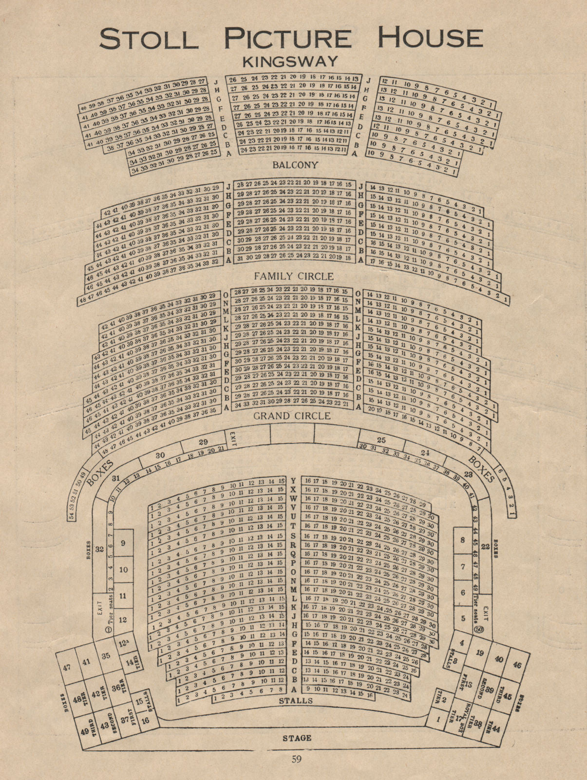 STOLL PICTURE HOUSE KINGSWAY. Vintage seating plan (now Peacock Theatre)  1936