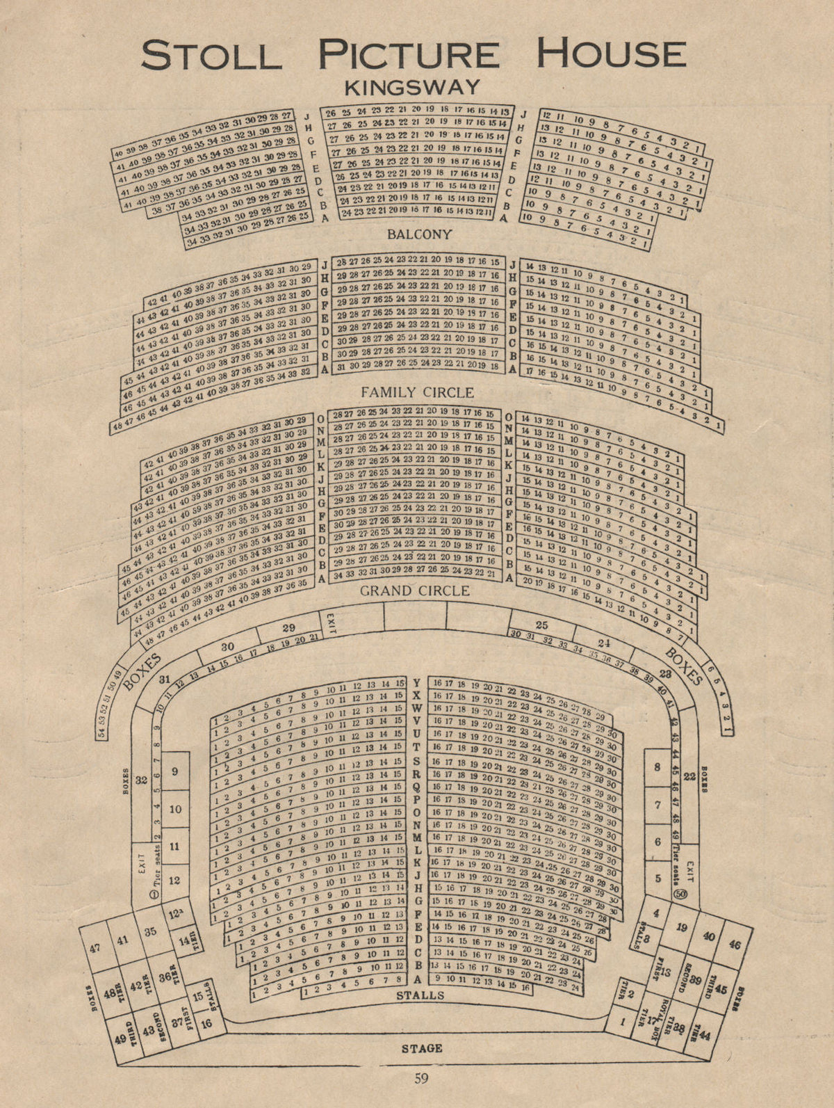 STOLL PICTURE HOUSE KINGSWAY. Vintage seating plan (now Peacock Theatre)  1936