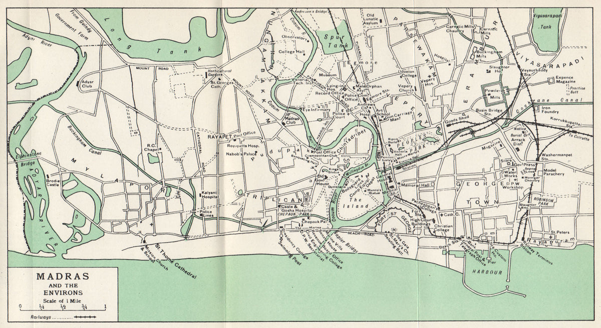 MADRAS/CHENNAI. Town city plan. Showing key buildings. India 1965 old map