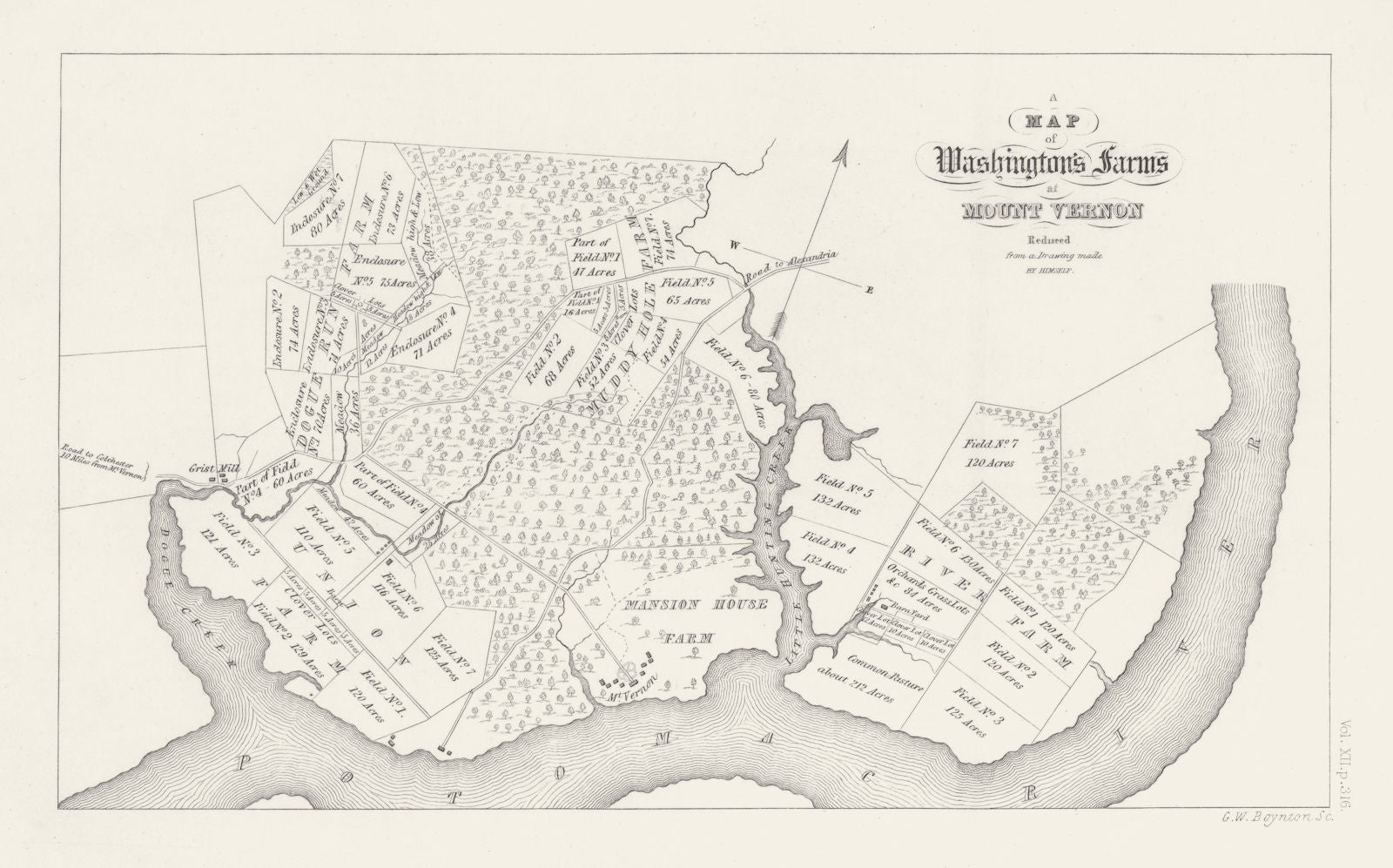 Washington's Farms at Mount Vernon, from a survey by George Washington 1843 map