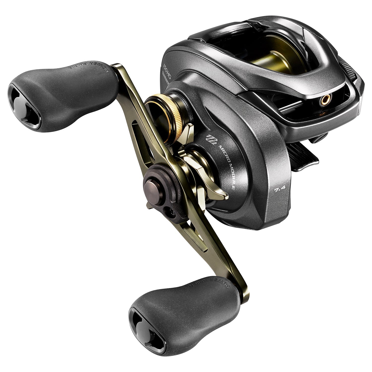 Shimano Curado DC 150 baitcasting fishing reel with ergonomic black handles, metallic gray body, and advanced digital control braking system for smooth casting.