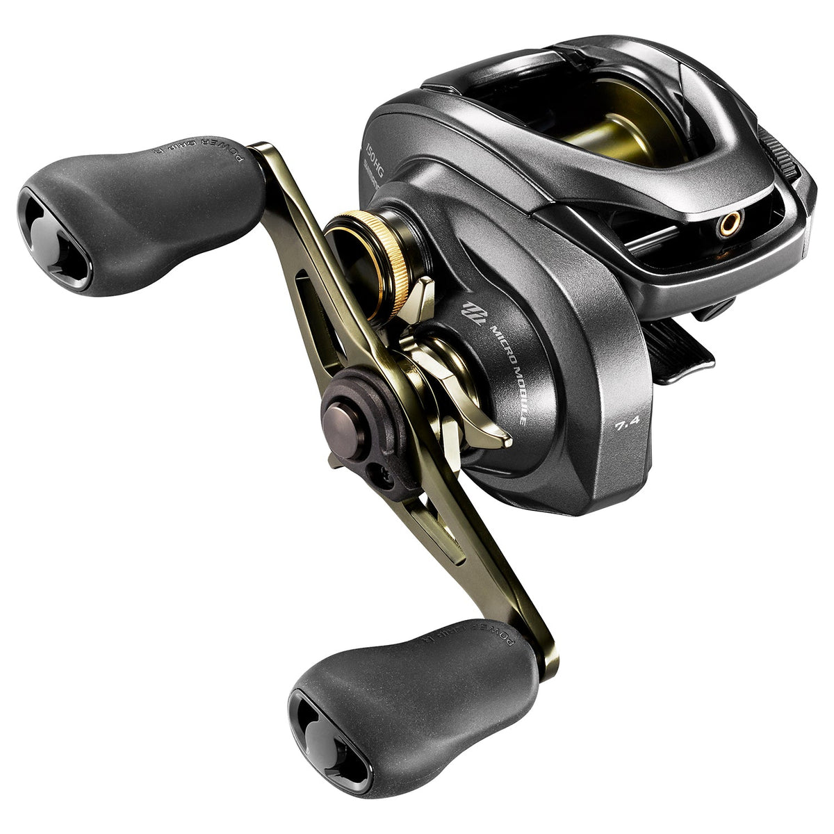 Shimano Curado DC 150 baitcasting fishing reel with ergonomic black handles, metallic gray body, and advanced digital control braking system for smooth casting.