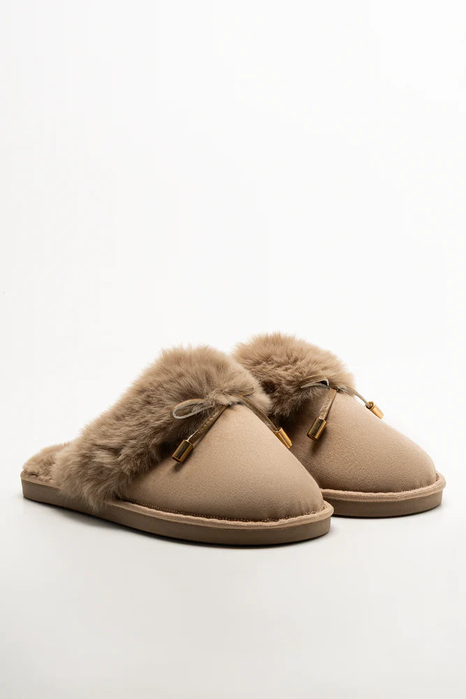 Bow Fur Trim Slippers Natural