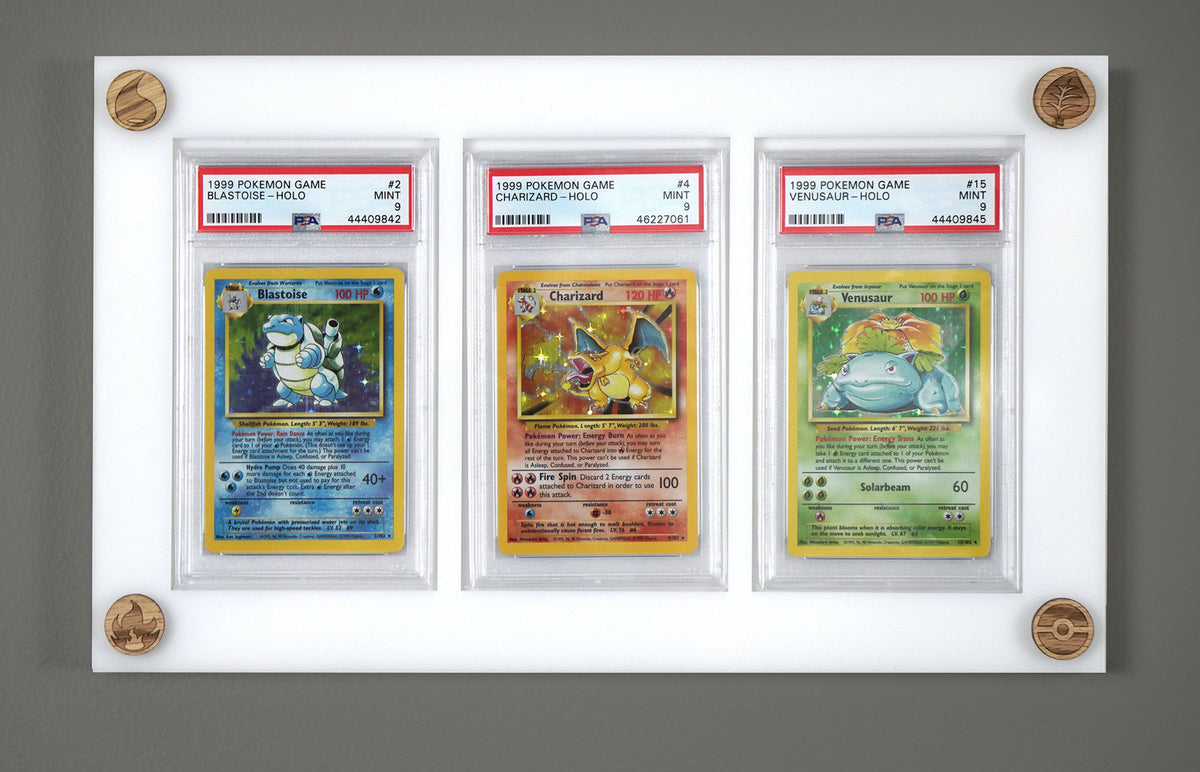 Custom UV resistant PSA BGS trading card display cases with customizable pegs for Pokemon, YuGiOh, Baseball, Basketball, Metazoo, Magic the Gathering, Harry Potter, Power Rangers, Digimon, Hockey, Football, Golf, Formula 1, Wrestling, & Garbage Pail Kids.