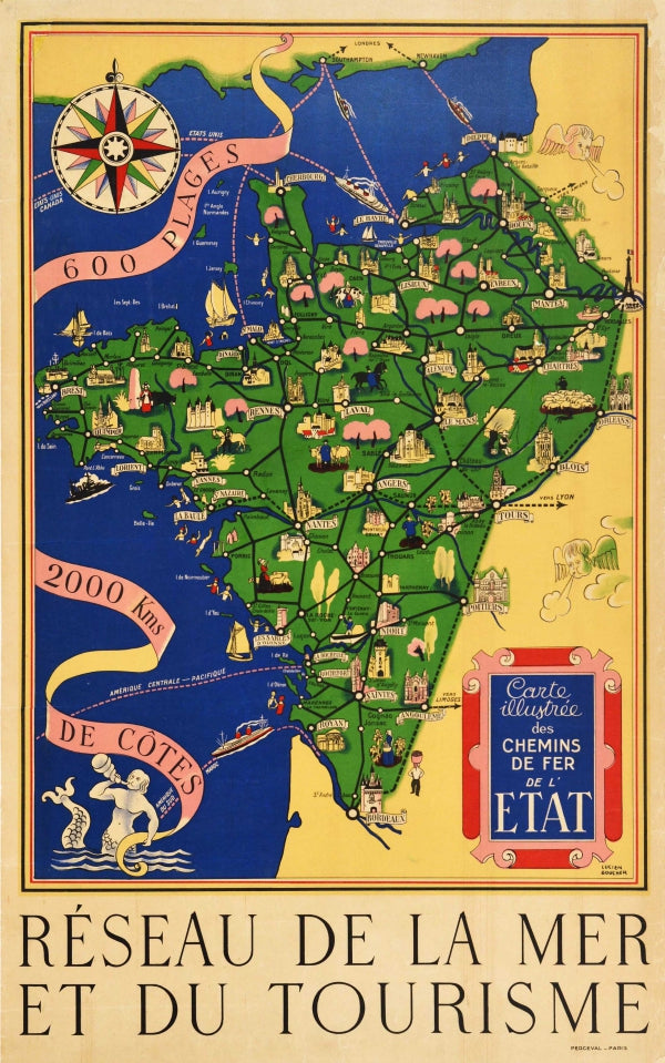 France Atlantic Coast Illustrated Map Lucien Boucher Normandy Brittany