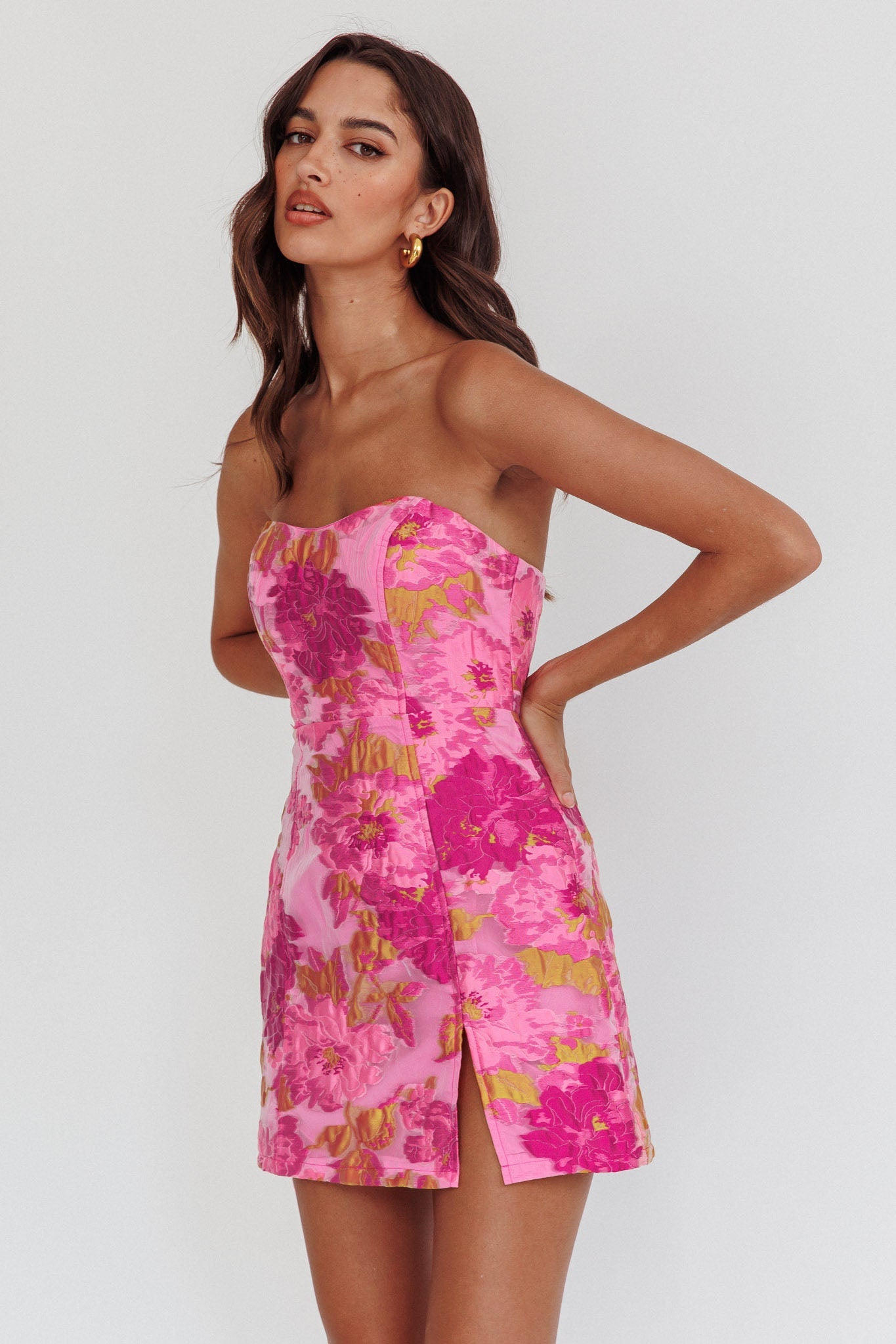 Marlina Strapless Jacquard Mini Dress Pink by Selfie Leslie