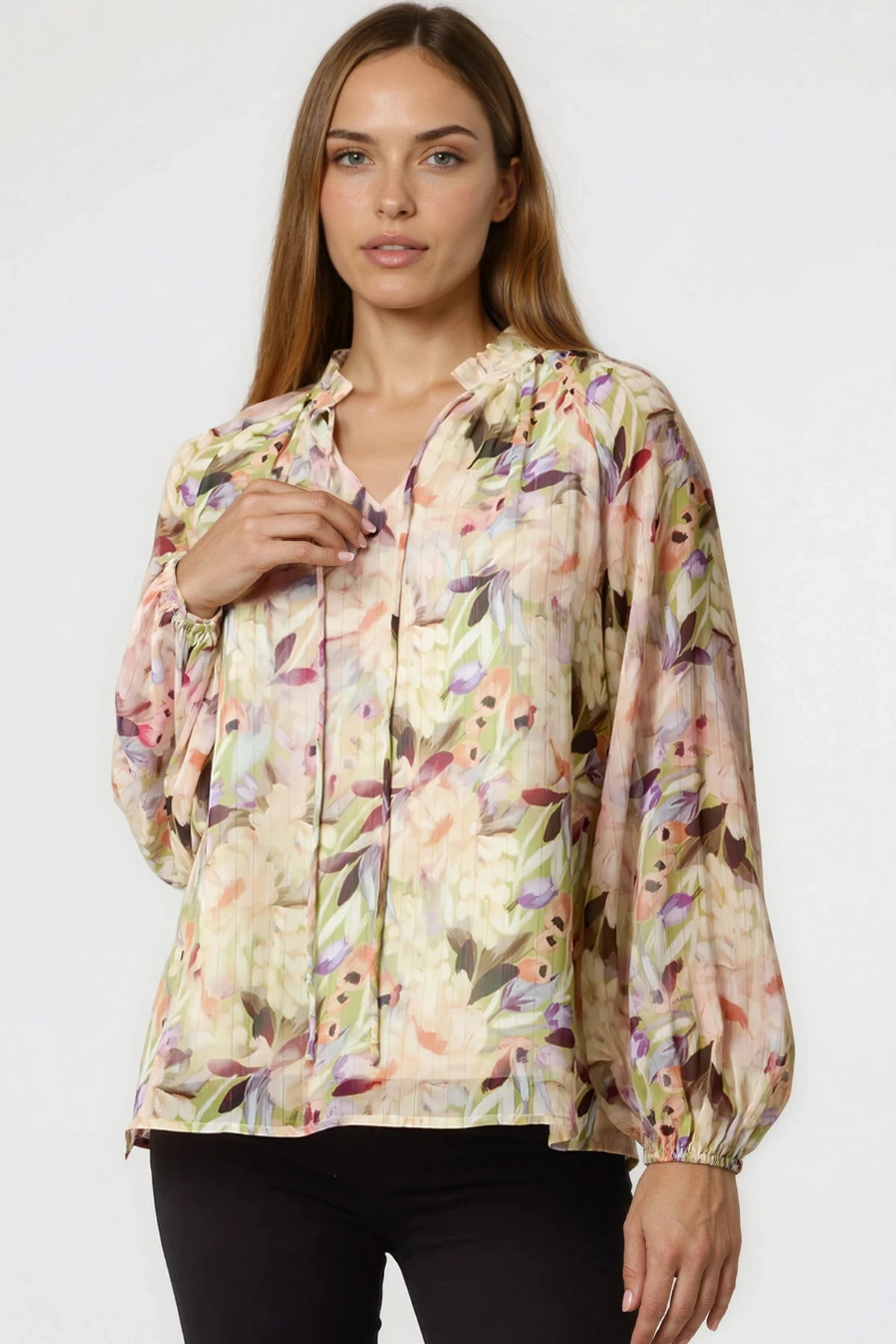 Green Floral Print Tie Neck Blouse-0