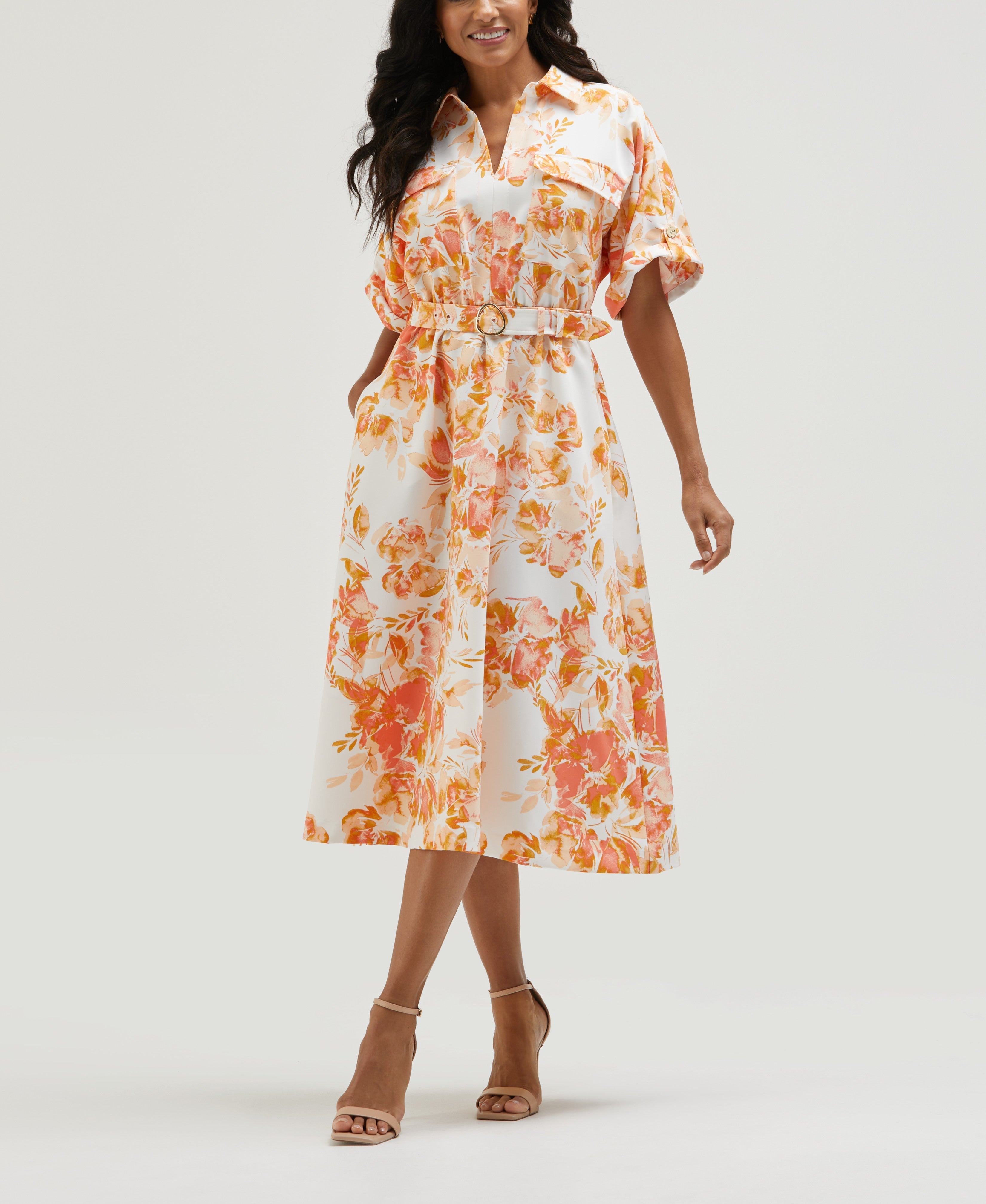 Petite Floral Print Utility Shirt Dress (Coral)