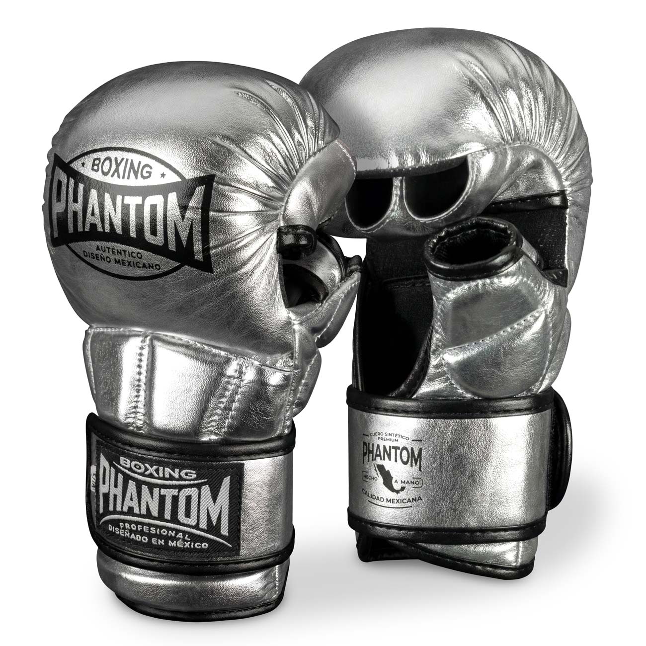 Hochwertige Phantom Athletics MMA‑Sparring‑Handschuhe Mexico in Silber‑Schwarz mit extra Polsterung für optimalen Schutz der Knöchel bei intensiven MMA‑, Grappling‑ und Sparring‑Sessions.