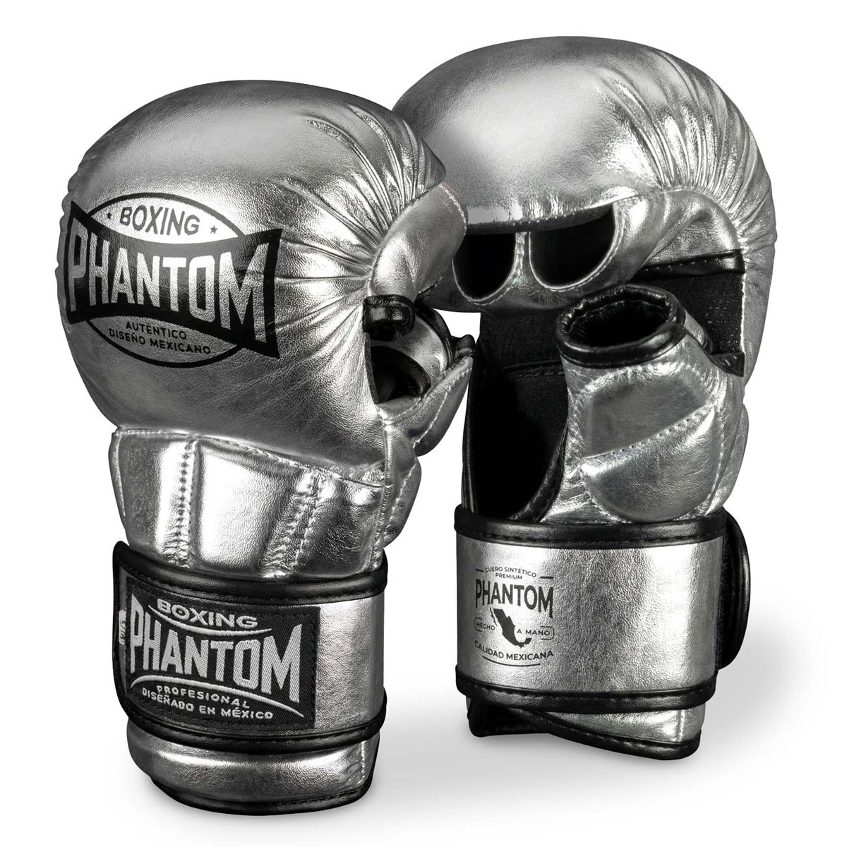 Hochwertige Phantom Athletics MMA‑Sparring‑Handschuhe Mexico in Silber‑Schwarz mit extra Polsterung für optimalen Schutz der Knöchel bei intensiven MMA‑, Grappling‑ und Sparring‑Sessions.