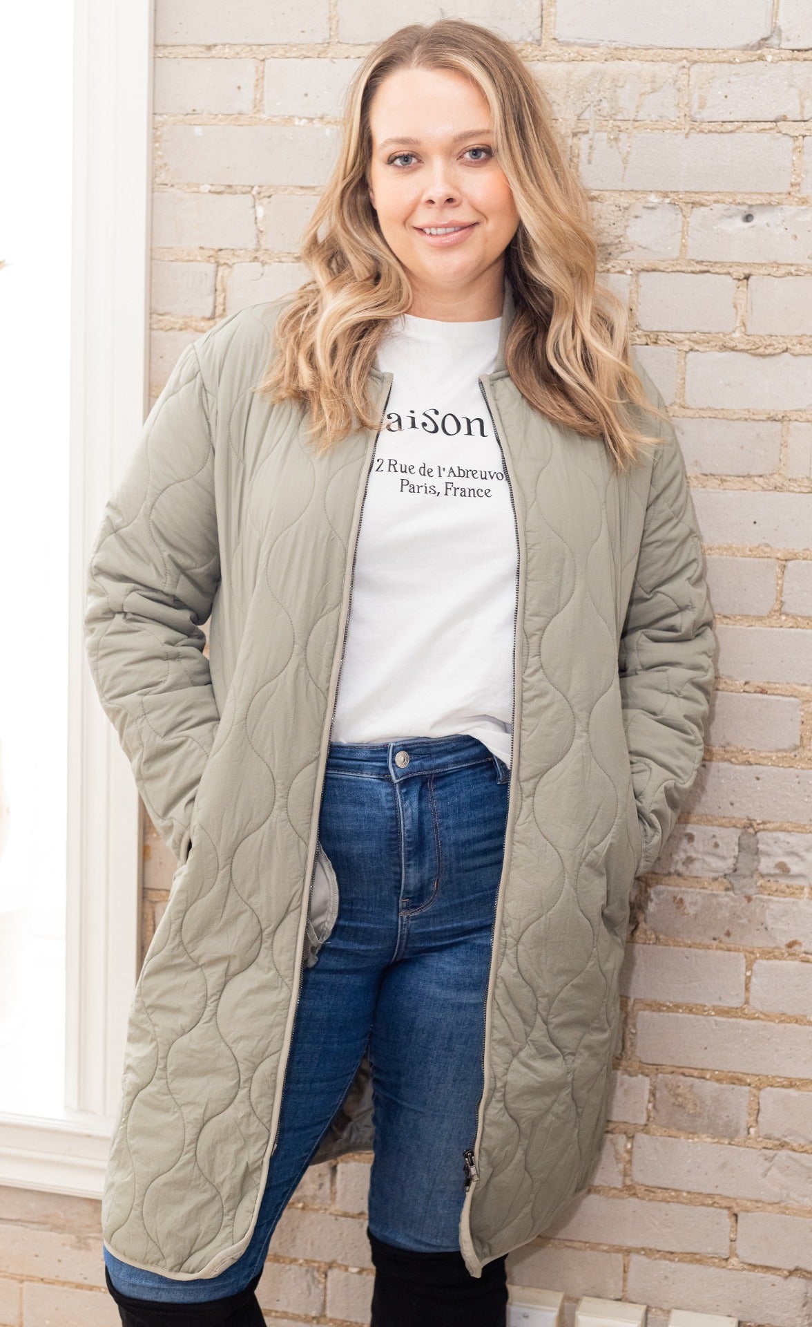Anya Quilted Long Jacket Olive
