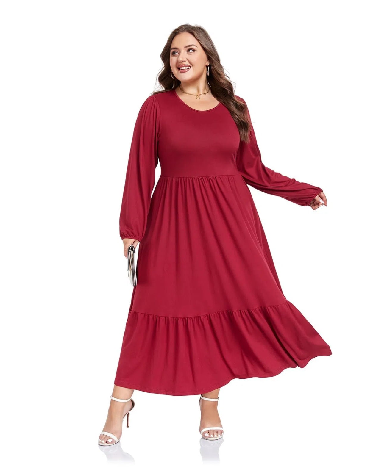 Burgundy plus size maxi dress with long sleeves and round crew neck, tiered skirt