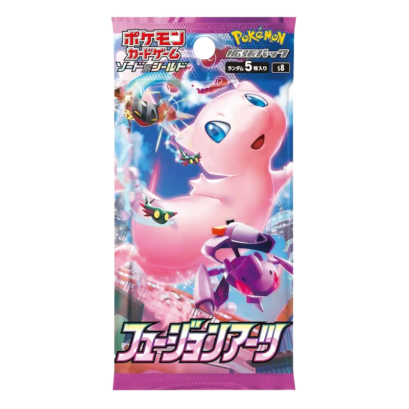 Fusion Arts Booster Box featuring Mew and other Pokémon in vibrant colors, part of the Pokémon TCG series.