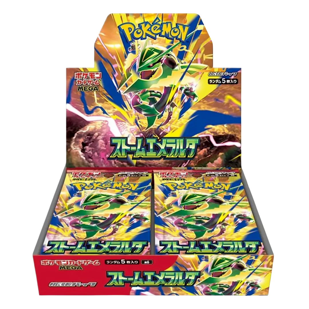 Storm Emeralda Booster Box (Live-stream) featuring vibrant Pokémon artwork with multiple booster packs.