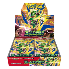 Storm Emeralda Booster Box (Live-stream) featuring vibrant Pokémon artwork with multiple booster packs.