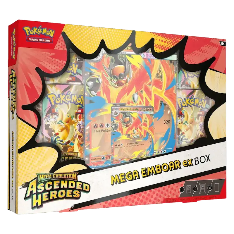 Mega Emboar ex Collection Box featuring foil promo card and booster packs from the Ascended Heroes TCG set.