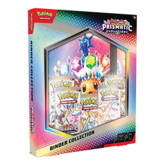 Prismatic Evolutions Binder Collection featuring booster packs and colorful design for Pokémon TCG cards.