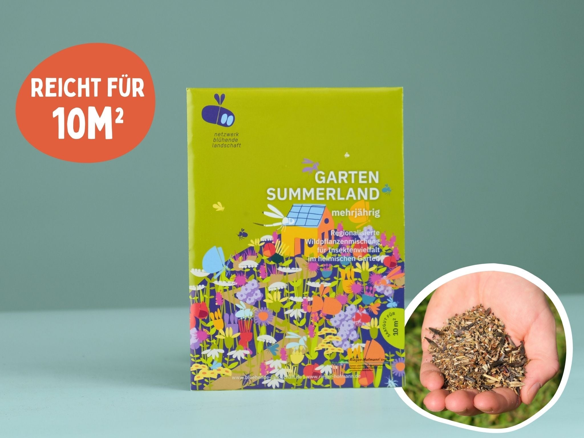 Garten Sommerland Wildblumensaatgut, reicht für 10m², Verpackung und Samen in Hand