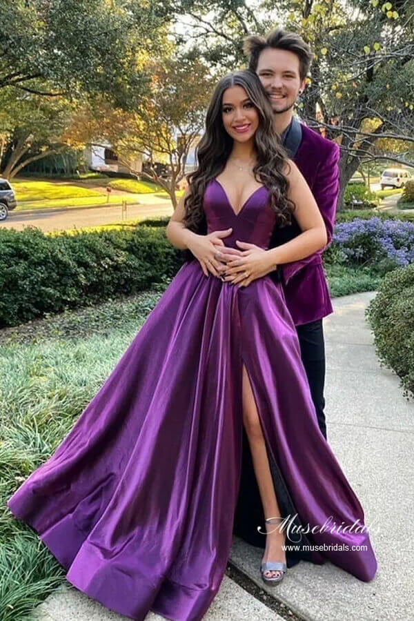 Purple Satin A-line Backless Long Prom Dresses With Slit, Evening Dress, MP910 | cheap long prom dress | evening gown | purple prom dress | musebridals.com