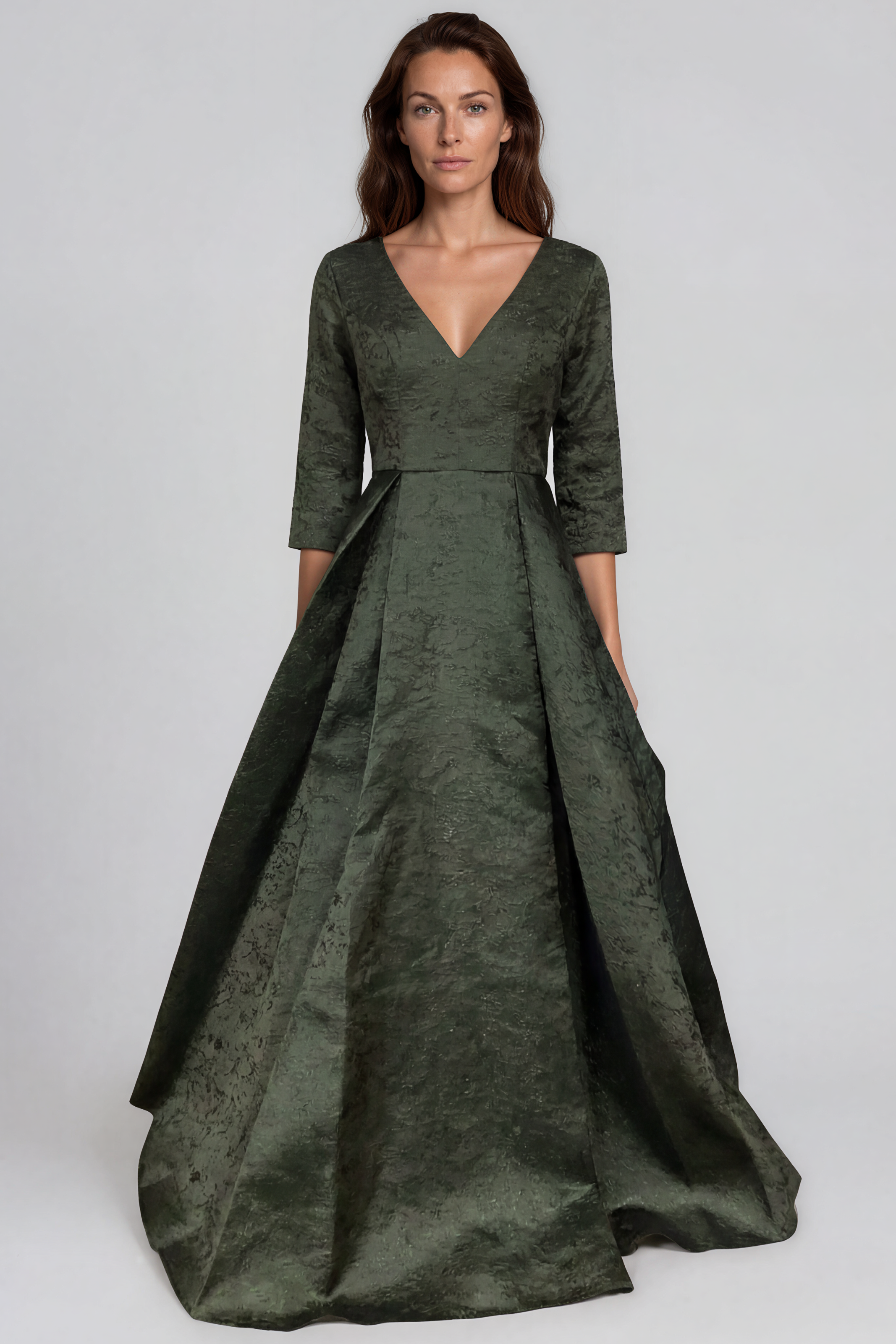 3/4 Sleeves V-Neck Jacquard A-Line Gown Gown Rene Ruiz Collection